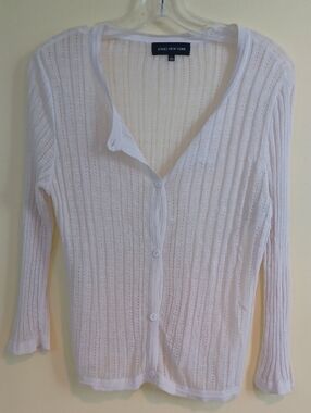 White pointelle cardigan L semi-sheer sweater fairy Y2K retro cottagecore 90s